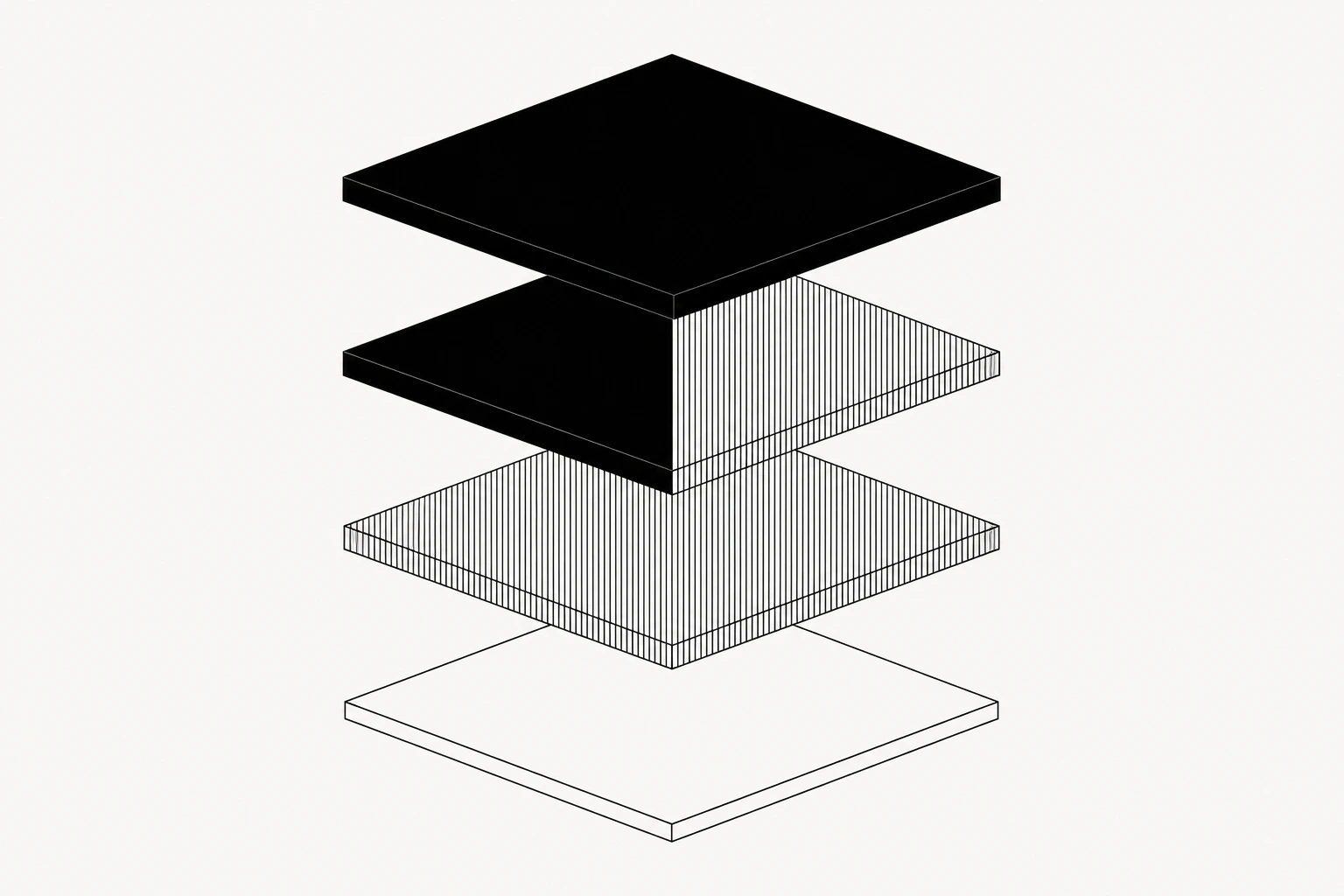 Four stacked planes resolving from wireframe outline to solid mass